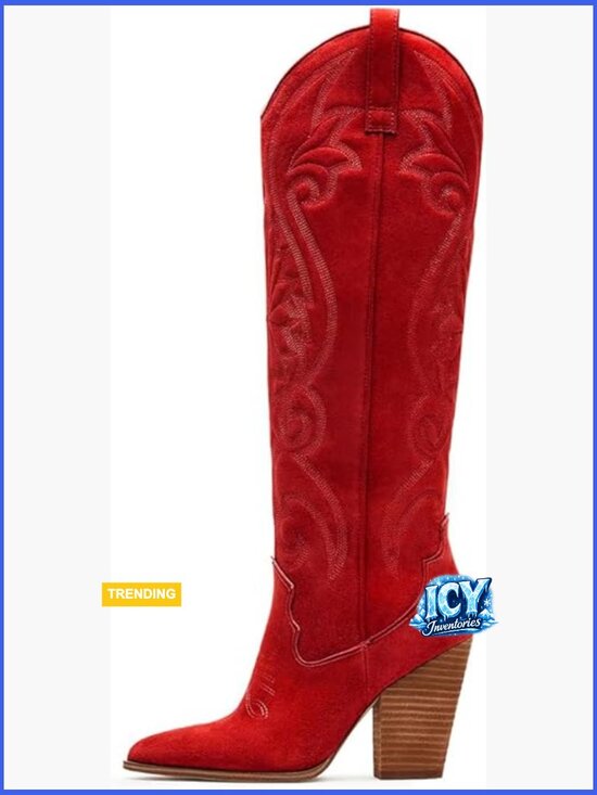 Shoes - Knee High Cowboy Boots Pointed Toe Chunky Heels Western Pull-on Embroidered
